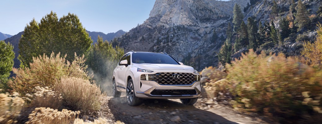 White 2021 Hyundai Santa Fe in desert