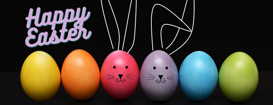 Colorful Easter eggs with purple "Happy Easter" text