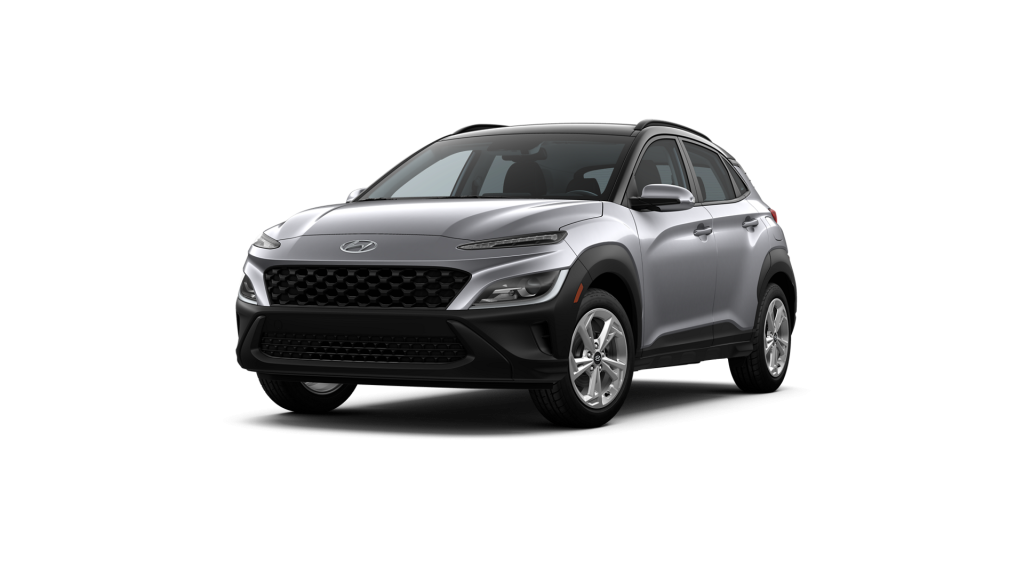 Cyber Silver 2022 Hyundai Kona with Black Roof on White Background