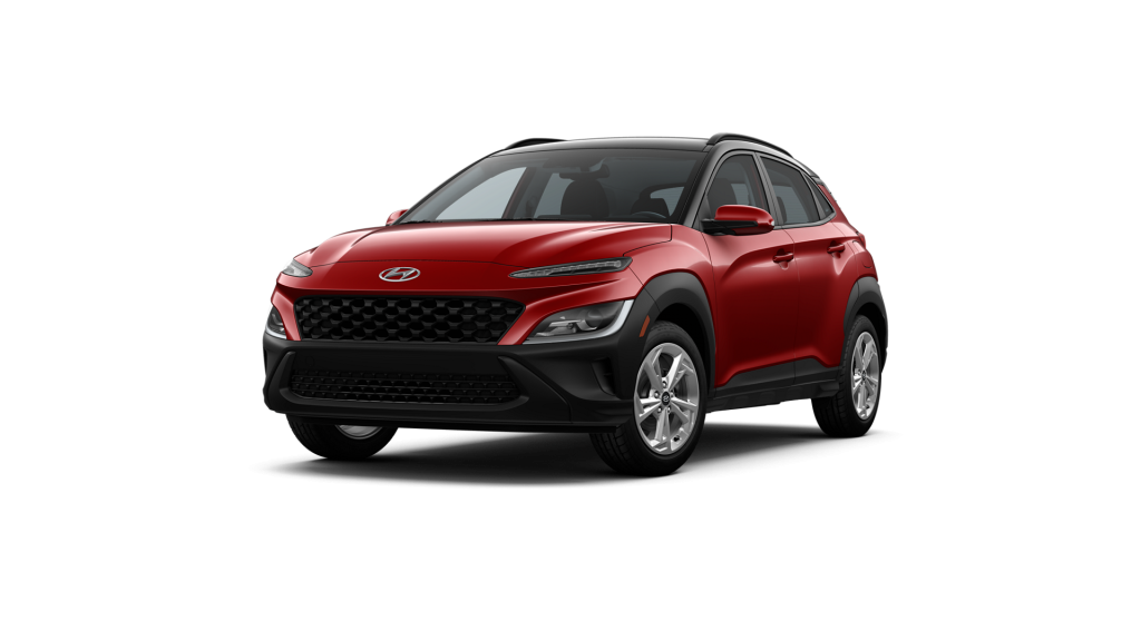 Pulse Red 2022 Hyundai Kona with Black Roof on White Background