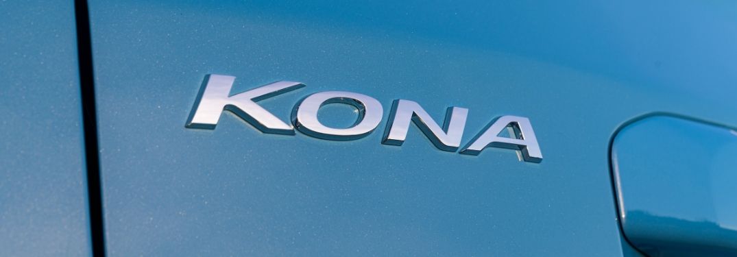 Close Up of 2022 Hyundai Kona Badge on Blue Exterior
