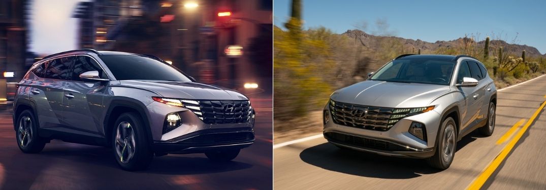 Silver 2022 Hyundai Tucson Front on City Street at Night vs Gray 2022 Hyundai Tucson Hybrid Front on Desert Road