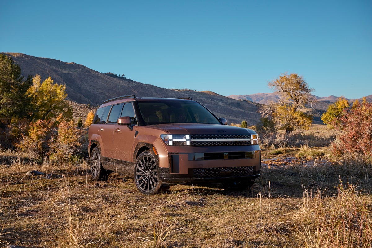 A brown 2026 Hyundai Sante Fe Hybrid in Phoenix is parked facing the viewer to the right in a desert oasis.